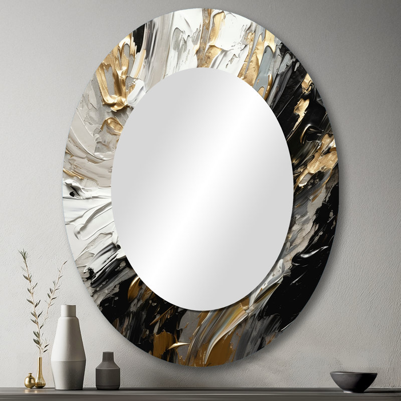 Exquis Darling Gold abstrait vague sur fond noir III - grand miroir mural ovale sur métal, 43 po x 33 po