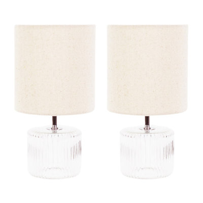 Rokiatou Pair of Grey Smoke Tinted Glass Table Lamps with Grey Lamp Shades and LED Bulbs