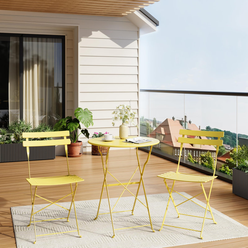 3 Piece Outdoor Folding Bistro Set, Metal Frame Patio Table and Chairs, Foldable Balcony Furniture, Yellow