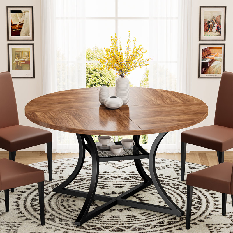 Aycide 47.2" Round Dining Table With Storage Shelf, Wooden Tabletop And Metal Base , Cherry