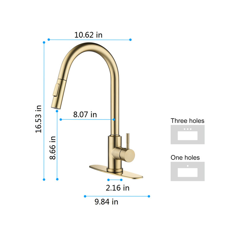 Robinet de cuisine en acier inoxydable doré avec douchette rétractable - 360 ° rotatif pour purifier l'évier en profondeur, régler la température et le débit de l'eau, rouiller la corrosion, 16,34 po Profondeur, 9,87
