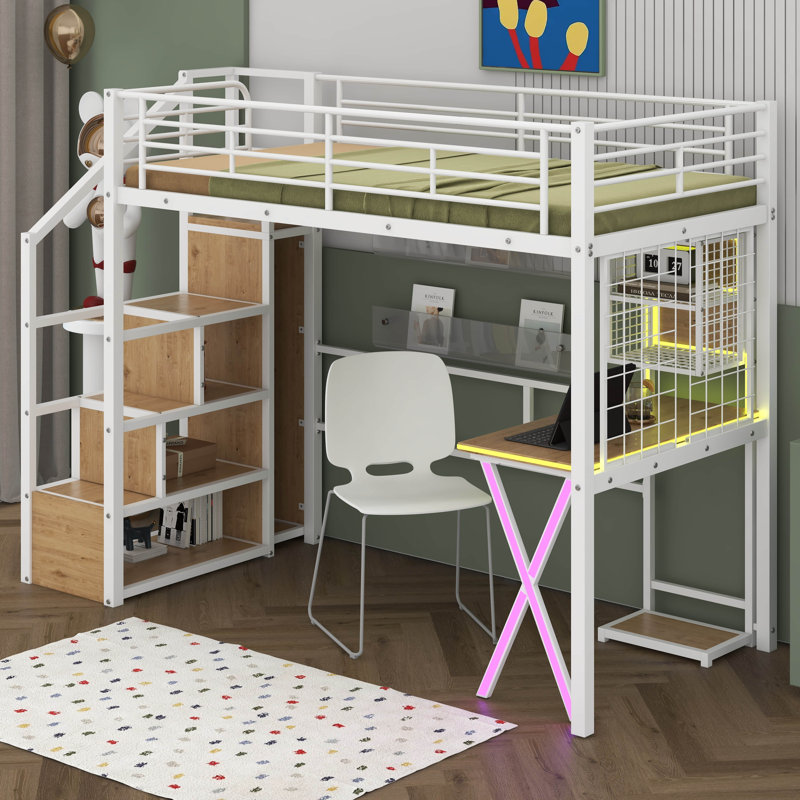 Metal Loft Bed With Built-In Desk Work Station, Wardrobe, Storage Staircase And LED, Gaming Bed For For Kids Teens Adults
