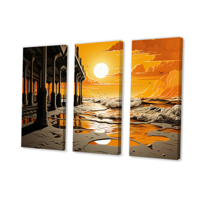 «Beach Pier Perspectives Papercut V», reproduction sur toile 3 pièces, H 32 po x l 48 po x P 1 po