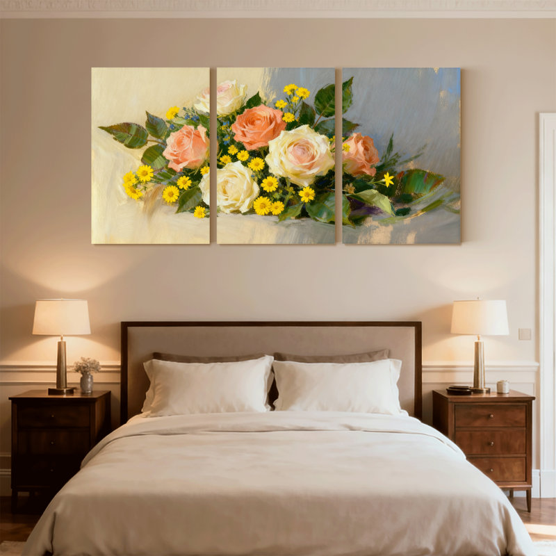 Ensemble de 3 impressions sur toile, bouquet de roses et roses et marguerites, H 30 po x l 60 po