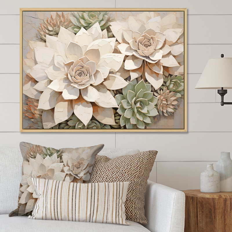 «Beige Succulent Soft Bloom VI», reproduction sur toile, Cadre flottant blanc, H 34 po x l 44 po x P 1,5 po