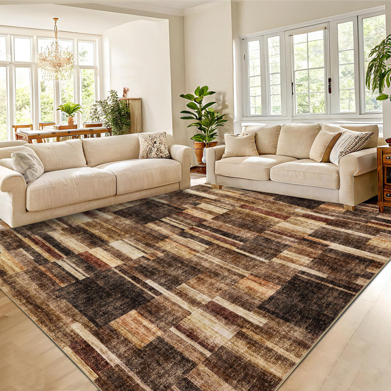 Tapis géométrique moderne lavable à la machine avec envers antidérapant et non délestant, Rectangle 9 pi x 12 pi