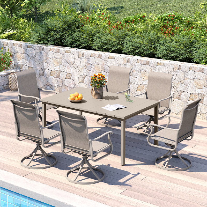 Ensemble repas d'extérieur 63 "avec table de salle à manger rectangulaire et 6 chaises de salle à manger pivotantes PVC-coated polyester