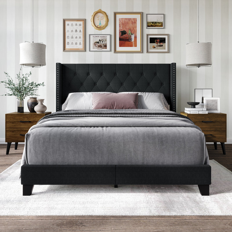 Castle Place Full Wingback Bed Set with Two Nightstands, Charcoal Grey Linen, Charcoal Grey, Full