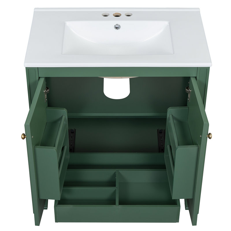 Meuble-lavabo de 30 po avec lavabo, deux portes avec tablette, charnières de porte à fermeture en douceur, style rétro, Vert