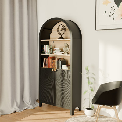 61" Tall Black 5 - Tier Arched Mid Century Modern Bookshelf With Door, 27.19 In Depth, 11.84 Width, Three Spacious Shelves, Material Cabinets, Bookshelf, Blend Style And Function, Components