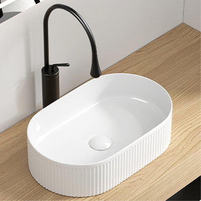 Oval Bathroom Sink, 19 X 12, White Porcelain Vessel, Modern Design With Straight - Line Texture, To Aging 1/4 Wide Above Counter 12 3/8 Deep, For Contemporary Bathrooms