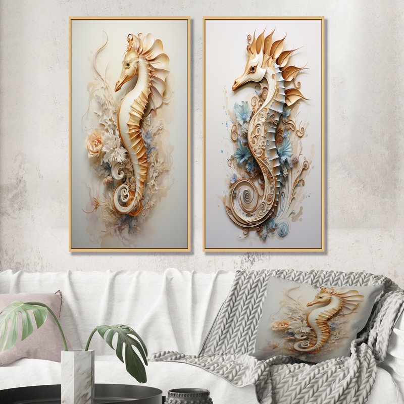 Hippocampe magique beige - ensemble de 2 reproductions d'art hippocampe, Encadrement brun, H 28 po x l 25 po