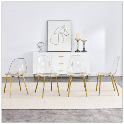 Ensemble de 4 chaises de salle à manger modernes et transparentes avec pieds en métal plaqué or, conception ergonomique pour plus de confort et de style