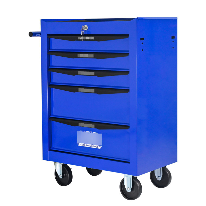Coffre à outils en métal de 20 po à 5 tiroirs avec glissières à roulement, 4 roues pivotantes et 2 freins, coffre à clés verrouillable pour une protection accrue, rangement en acier, sécurité de rangement universelle