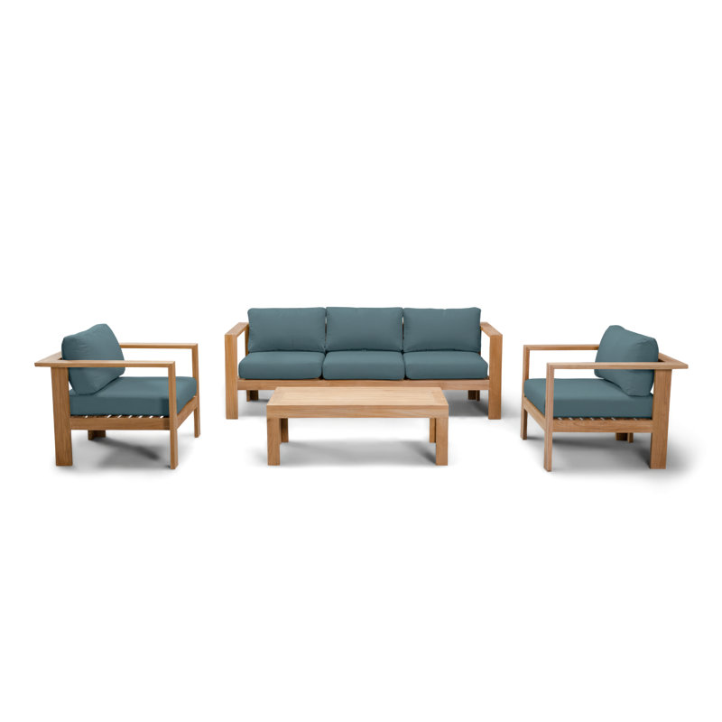 Ando 4 Piece Teak Sofa Seating Group with Sunbrella Cushions, 4 Pcs: Table, Sofa, 2 Chairs, Cast Silver Sunbrella®