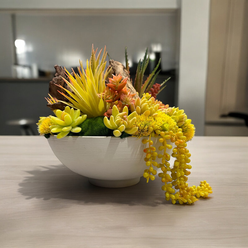 Conception succulente sur un vase rond en argile blanche | Faux arrangement coloré | Grandes plantes grasses