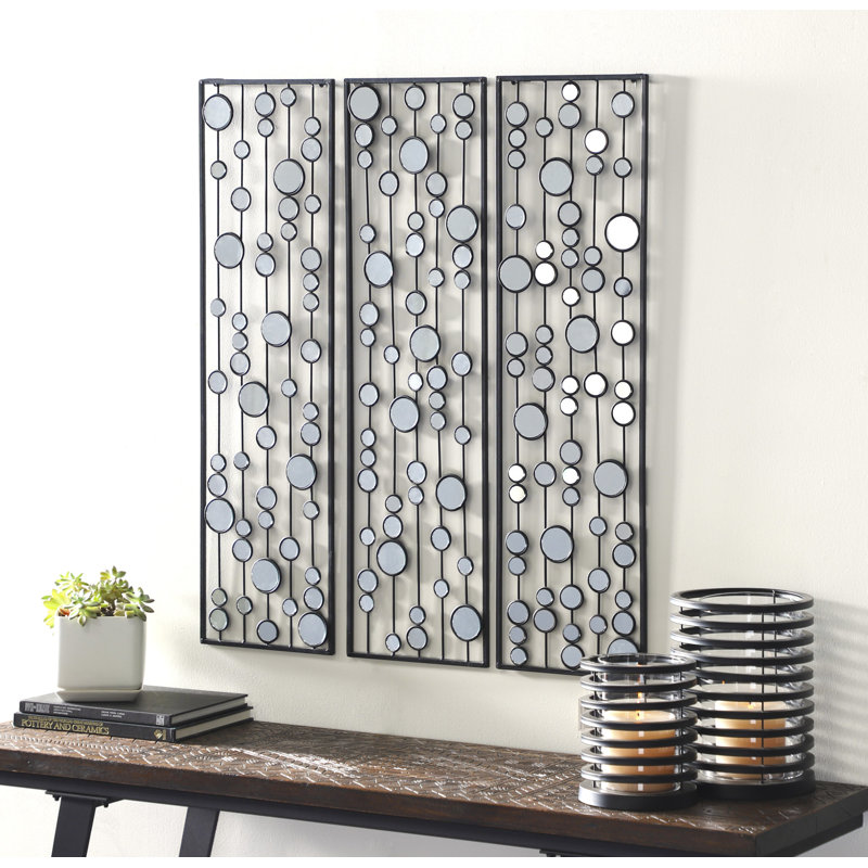 Metal Geometric Black Wall Decor with Round Mirror Accents Set