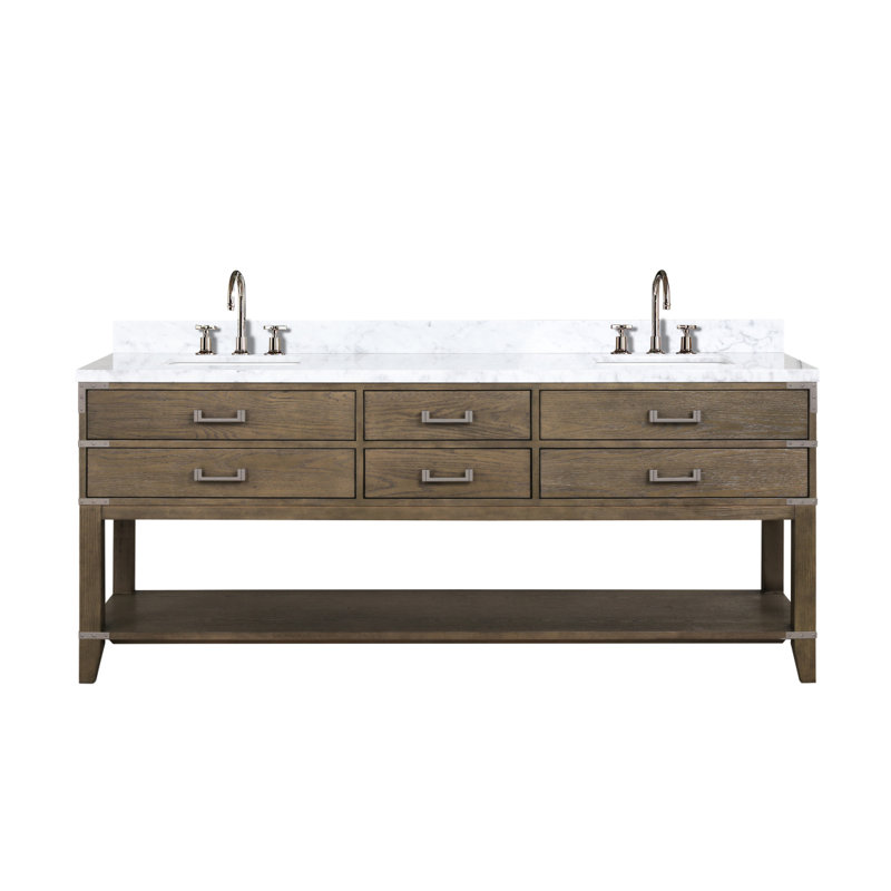 Meuble-lavabo double en chêne gris 80 po X P 22 po D, dessus en marbre de Carrare et ensemble de robinet, 80"
