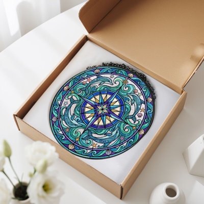 Ocean Compass Stained Glass Window Panel，7.8H