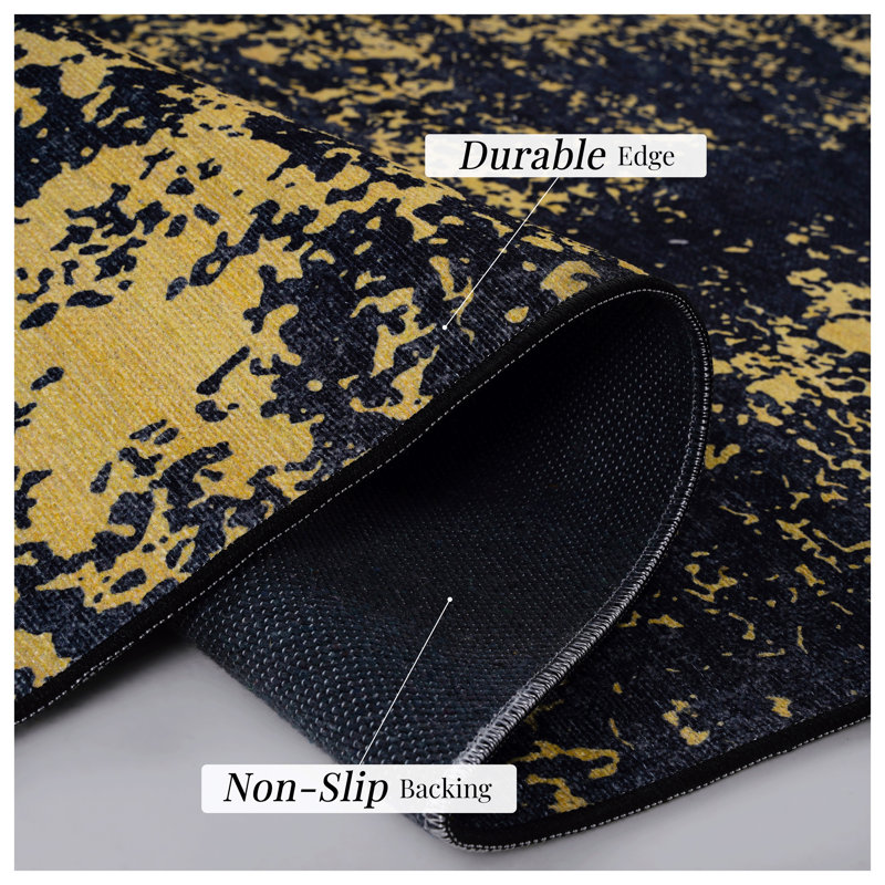 MAVAL Washable Area Rug, Black & Gold Distressed Abstract Design, Non-Slip Low Pile Machine Washable Living Room Carpet