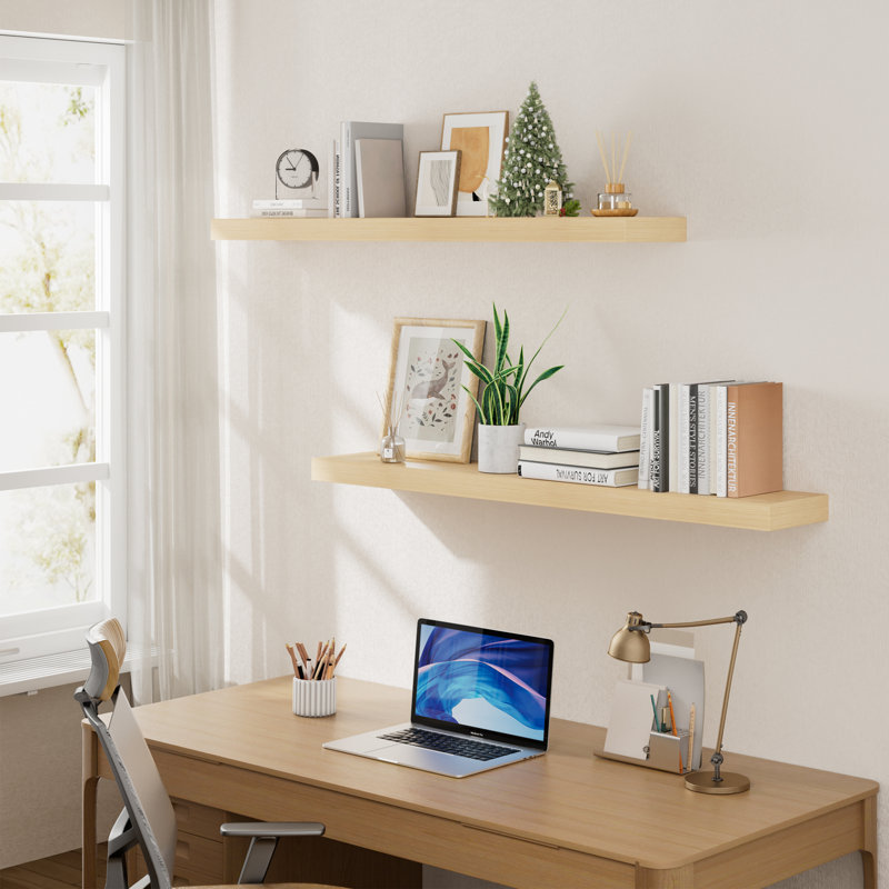 Earnhardt Painted Wood Floating Shelves, Bathroom Wall Shelves 2 Inches Thick, 2" H x 48" W x 8" D, Oak Wood