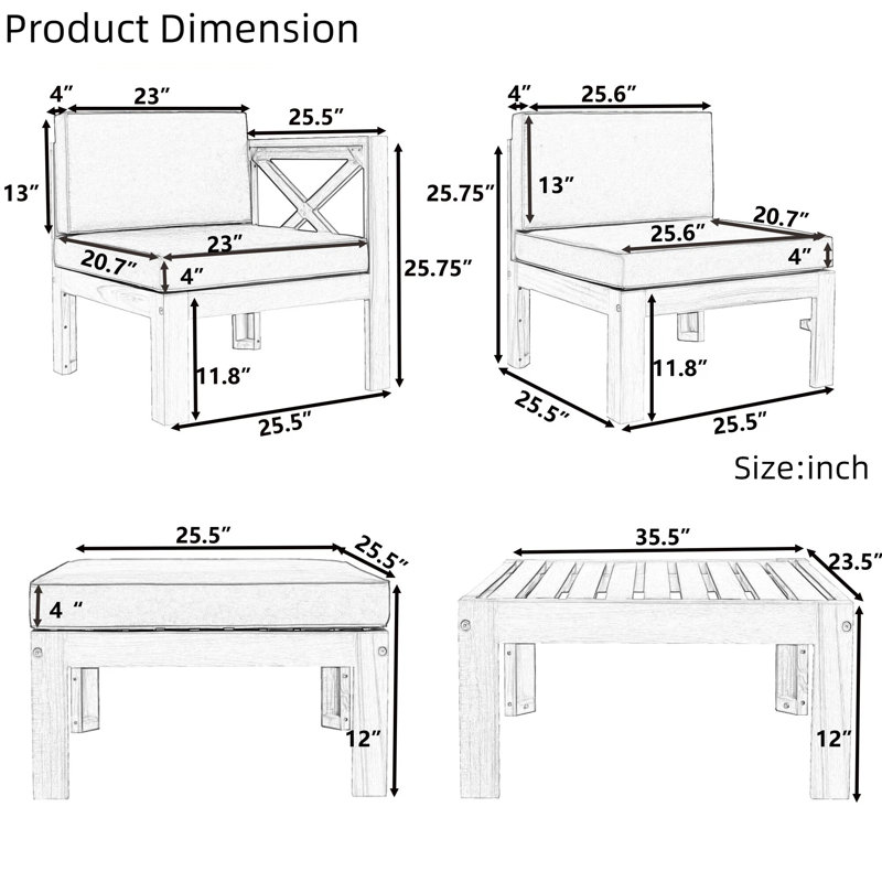 Ensemble de canapé modulaire d'extérieur 5 pièces en bois d'acacia | Ensemble de conversation modulaire avec canapés d'angle, canapé sans accoudoirs, repose-pieds et table basse | Conception en X avec coussins résistants à l'eau
