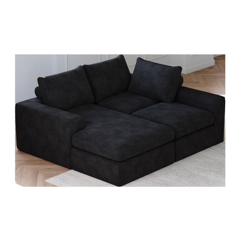 Boneless Demarco Modern Corduroy Modular Sectional Sofa with Reversible Chaise and Neck Pillow Support, Black Corduroy