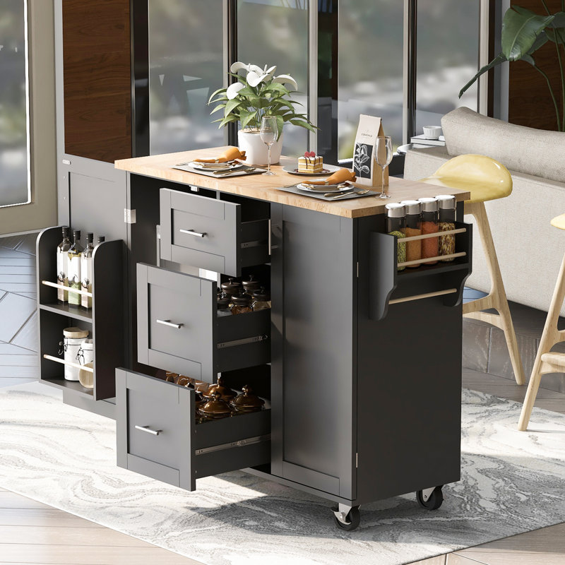 Classic Kitchen Island With Rack - Keep Your Neat Rectangular Cart Drawers Functional Storage, Black