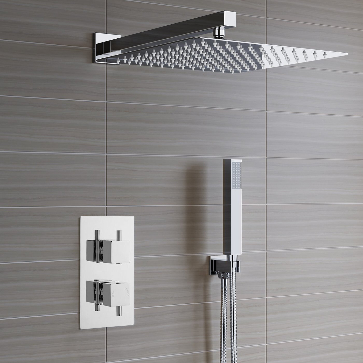 Genoa Square Thermostatic Bath Shower Set with Rainfall Shower Head & Hand  Shower