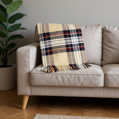 55" X 70" Camel Black Red And White Cotton Blend Plaid Throw Blanket with Fringe