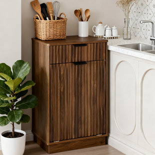 Tilt-Out Trash Cabinet With 10-Gallon Capacity, Laundry Hamper Cabinet, Wave-Textured Front.