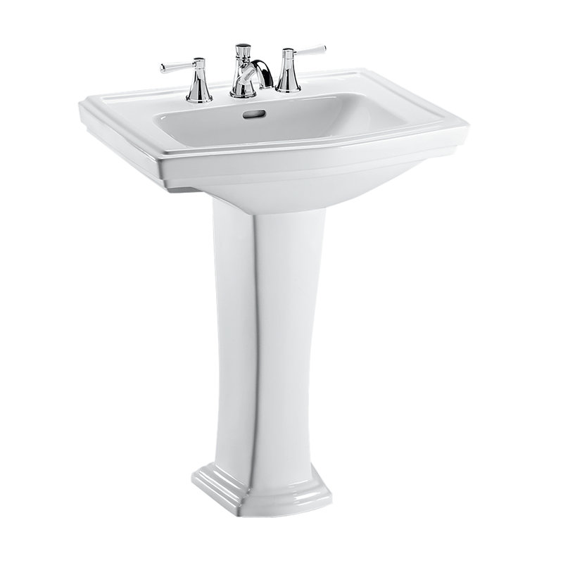 Clayton 27" Tall Vitreous China Rectangular Pedestal Bathroom Sink with Overflow, 8" Centers, Cotton