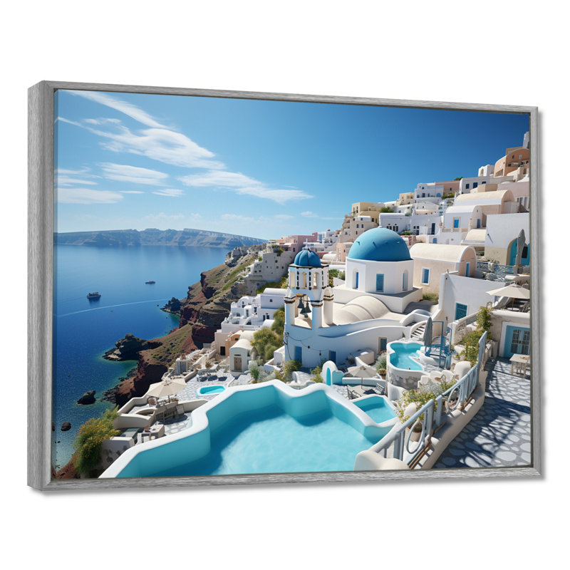 Grèce «Santorini Dreams I», art mural grand de Grèce, H 34 po x l 44 po x P 1,5 po, Encadrement argenté