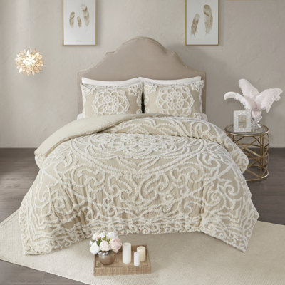 Laetitia Taupe Tufted Chenille 100% Cotton Medallion 3-Piece Full/Queen Duvet Cover Set