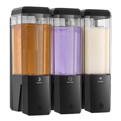 Shower Shampoo Conditioner Body Wash Dispenser Refillable, Adhesive Bathroom Lockable Wall Mounted Plastic Shower Soap Dispensers For Hotel Home, 500ML/16.9OZ Each Clear Bottle 3 Chamber, Black Pump
