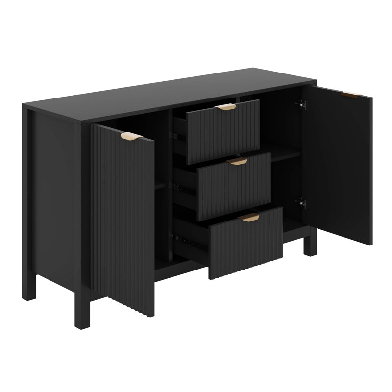 Buffet Wave Design avec 3 tablettes réglables, armoire d'entrée, 3 tiroirs et portes à fermeture en douceur, Noir