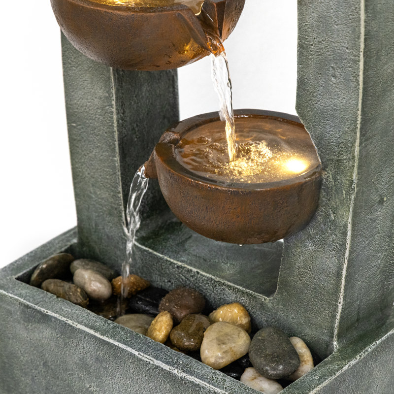 Outdoor Water Fountain with Warm LED Lights, 37.6" Modern Resin Tiered Bowl Fountain, Brown