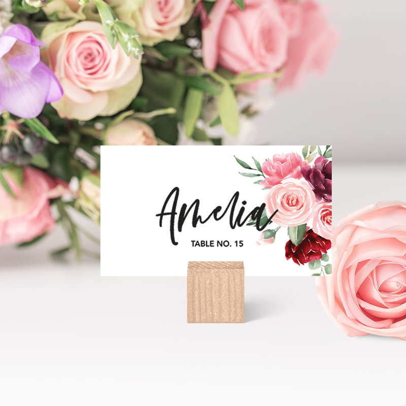 Cartes de lieu à motif floral rosé et bourgogne pour tables de fête de mariage, places assises nominatives pour supports, paquet de 60