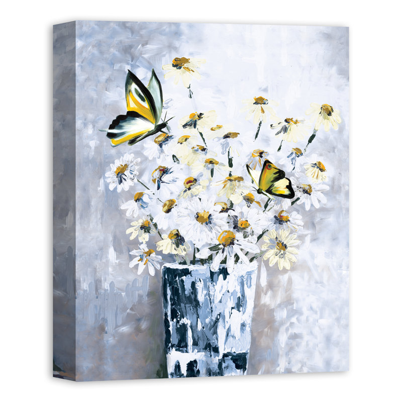 «Yellow Butterflys and Daisys», reproduction de peinture acrylique sur toile, H 20 po x l 16 po, Cadre noir