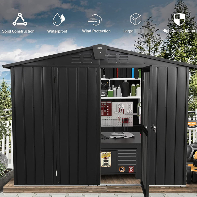 Metal Outdoor Storage Facility 8.2'X 6.2', Galvanized. Lockable Door, 318 Cubic Feet. Rust-, Sloping Roof, 16 Air Vents. For Backyard & Lawn. Black Shed Galvanized Steel Cabinet For Backyard, Patio