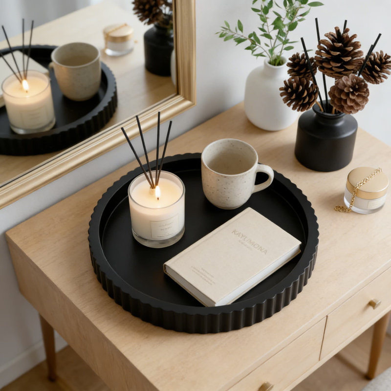 Decorative Tray For Coffee Table, Round Wooden Centerpiece Tray For Home Decor, Organizer For Candle, Perfume, Vanity, Kitchen Counter And Tabletop Display