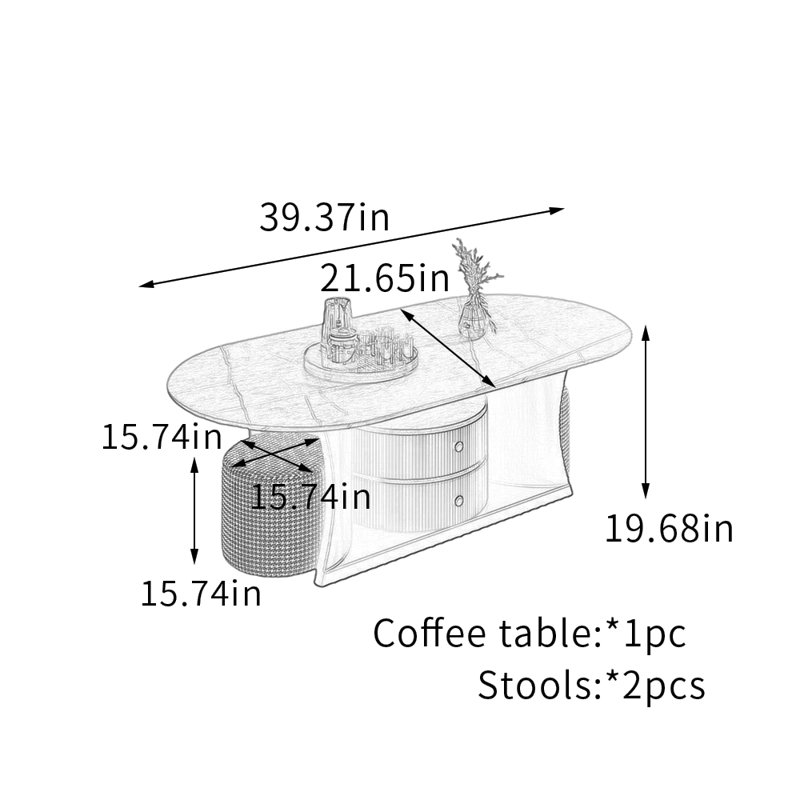 Table basse ovale haut de gamme avec tabourets, H 19,68 po x L 21,65 po x l 39,37 po, Gris clair, Noir