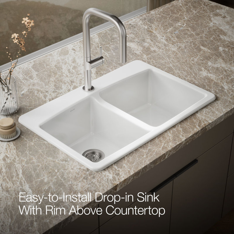 33" L x 22" W x 9-5/8" Top-Mount Double-Equal Kitchen Sink, 1 Hole, White