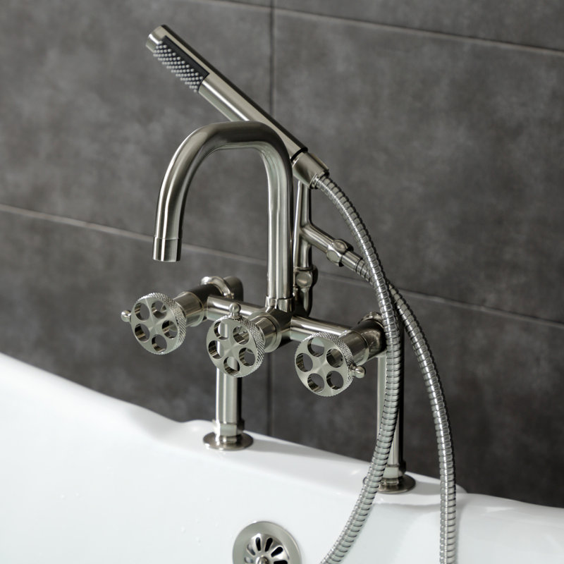 Kingston Brass Webb Three-Handle 2-Hole Deck Mount Clawfoot Tub Faucet with Knurled Handle and Hand Shower, Gold