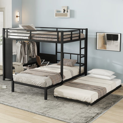  Lit superposé double au-dessus de simple avec garde-robe intégrée, lit gigogne et bureau pliable, conception à réduction de bruit, noir
