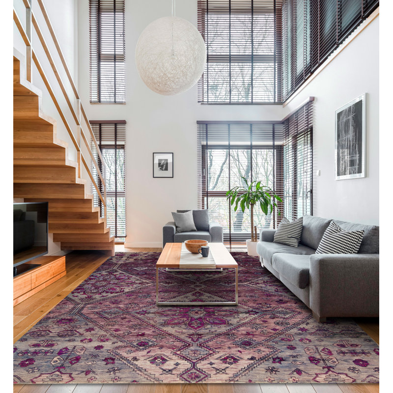 Seville Hand Knotted Area Rug in Plum/Pink/Gray/Beige, Rectangle 5' x 7'
