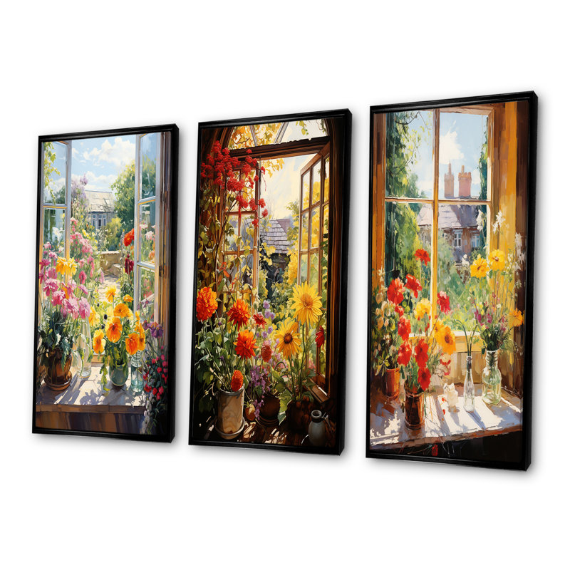 Fleurs d'été, vue de fenêtre à la ferme I - ensemble de salon mural art mural 4 pièces, Cadre flottant noir