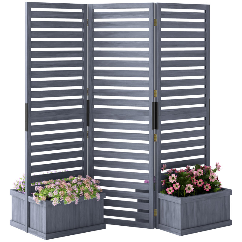 Wood Privacy Screen W/ 4 Planter Box, Raised Bed W/ 3 Panels & Drainage Holes, Gray