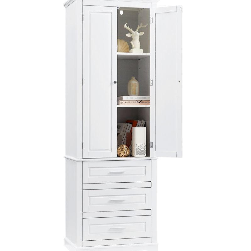 Tall White Storage Cabinet With Three Drawers For Office Decor, Metal Hinges, Easy To Maintain Kitchen Pantry Use, - Tipping Device