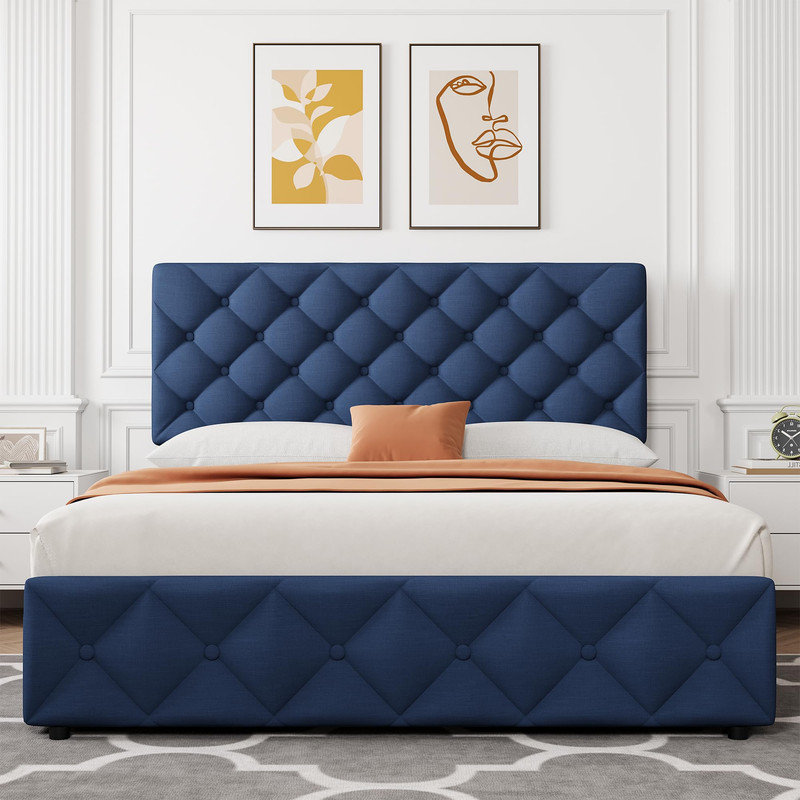 Full Size Platform Bed Frame with Storage Drawers and Adjustable Tufted Headboard, Blue Upholstered